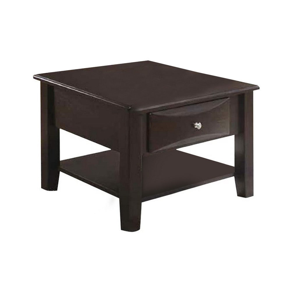 24 Inch Classic Square End Table, Single Drawer, Bottom Shelf, Brown Wood - BM299002
