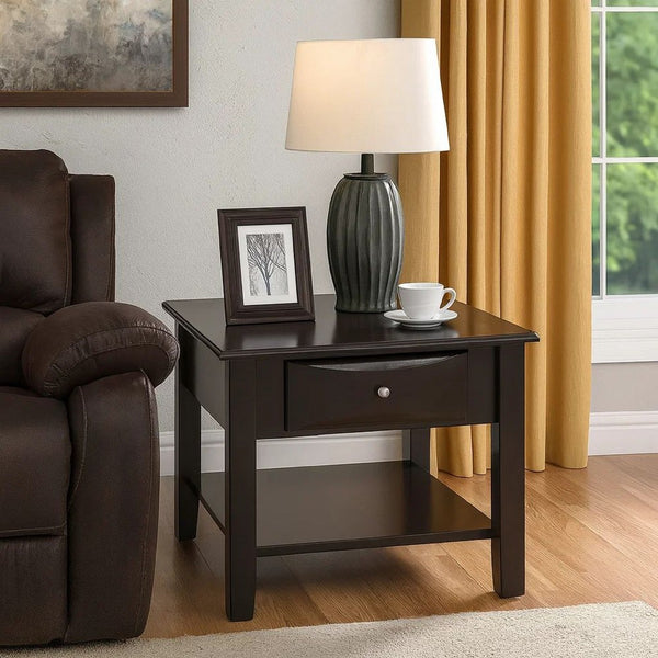 24 Inch Classic Square End Table, Single Drawer, Bottom Shelf, Brown Wood - BM299002