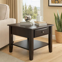 24 Inch Classic Square End Table, Single Drawer, Bottom Shelf, Brown Wood - BM299002