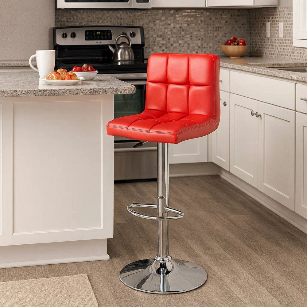25-29 Inch Swivel Barstool, Set of 2, Cushioned Seat, Red Faux Leather - BM299003