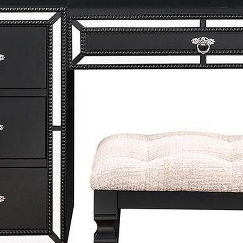 Sosi 47 Inch Vanity Desk Set, Padded Stool, 3 Mirror Inlaid Drawers, Black - BM299028