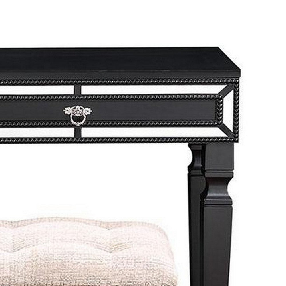 Sosi 47 Inch Vanity Desk Set, Padded Stool, 3 Mirror Inlaid Drawers, Black - BM299028