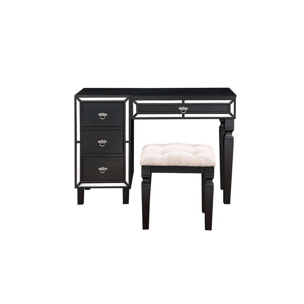 Sosi 47 Inch Vanity Desk Set, Padded Stool, 3 Mirror Inlaid Drawers, Black - BM299028