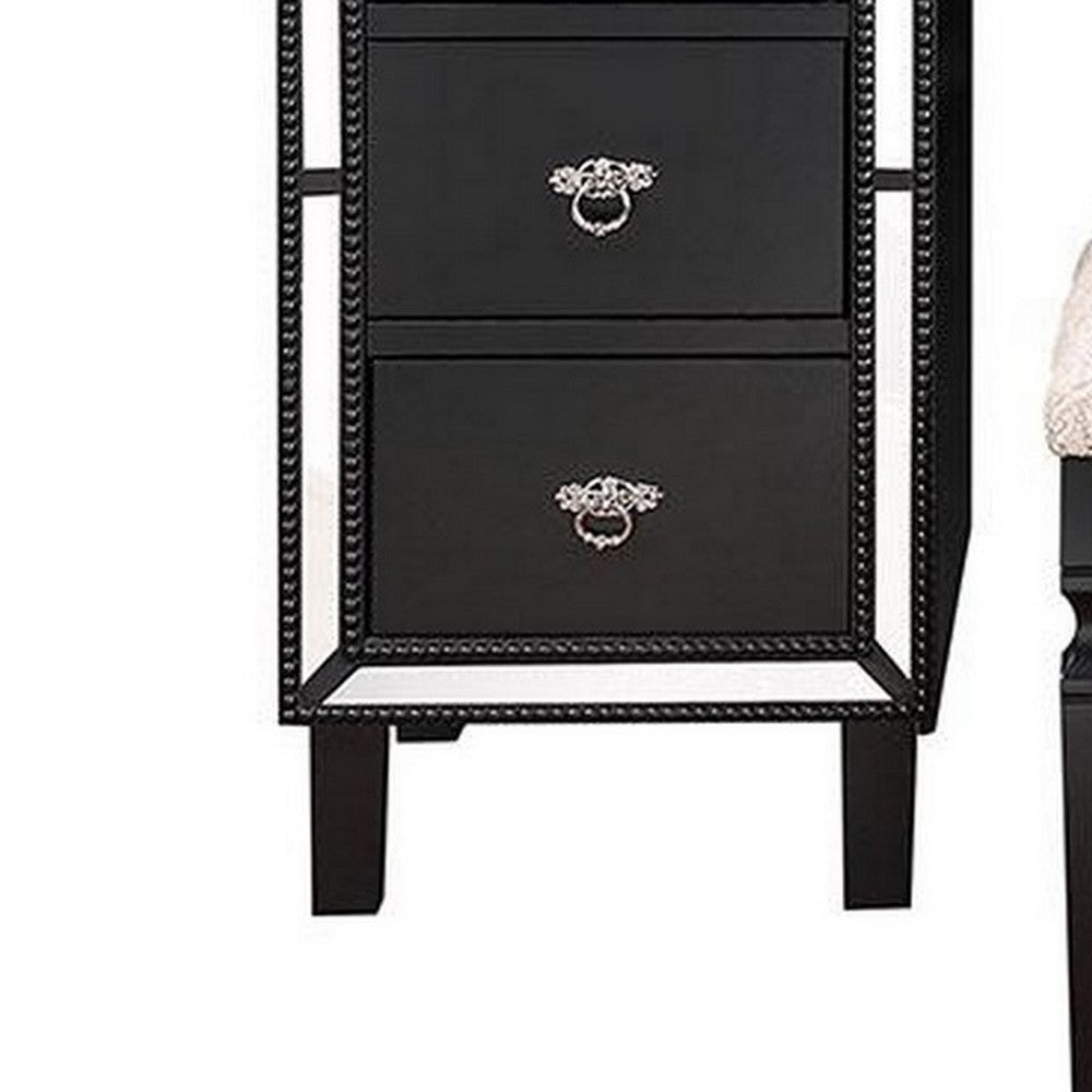 Sosi 47 Inch Vanity Desk Set, Padded Stool, 3 Mirror Inlaid Drawers, Black - BM299028