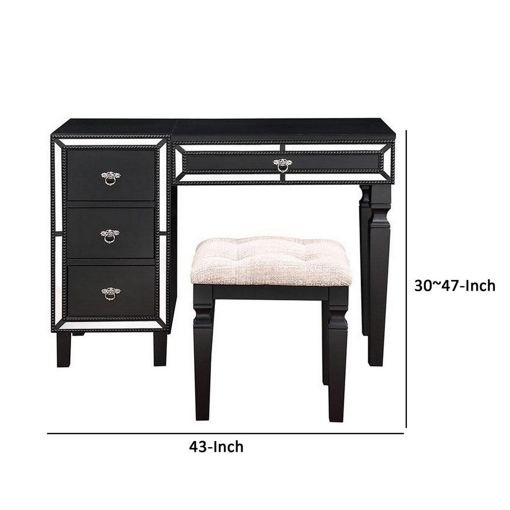 Sosi 47 Inch Vanity Desk Set, Padded Stool, 3 Mirror Inlaid Drawers, Black - BM299028