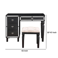 Sosi 47 Inch Vanity Desk Set, Padded Stool, 3 Mirror Inlaid Drawers, Black - BM299028