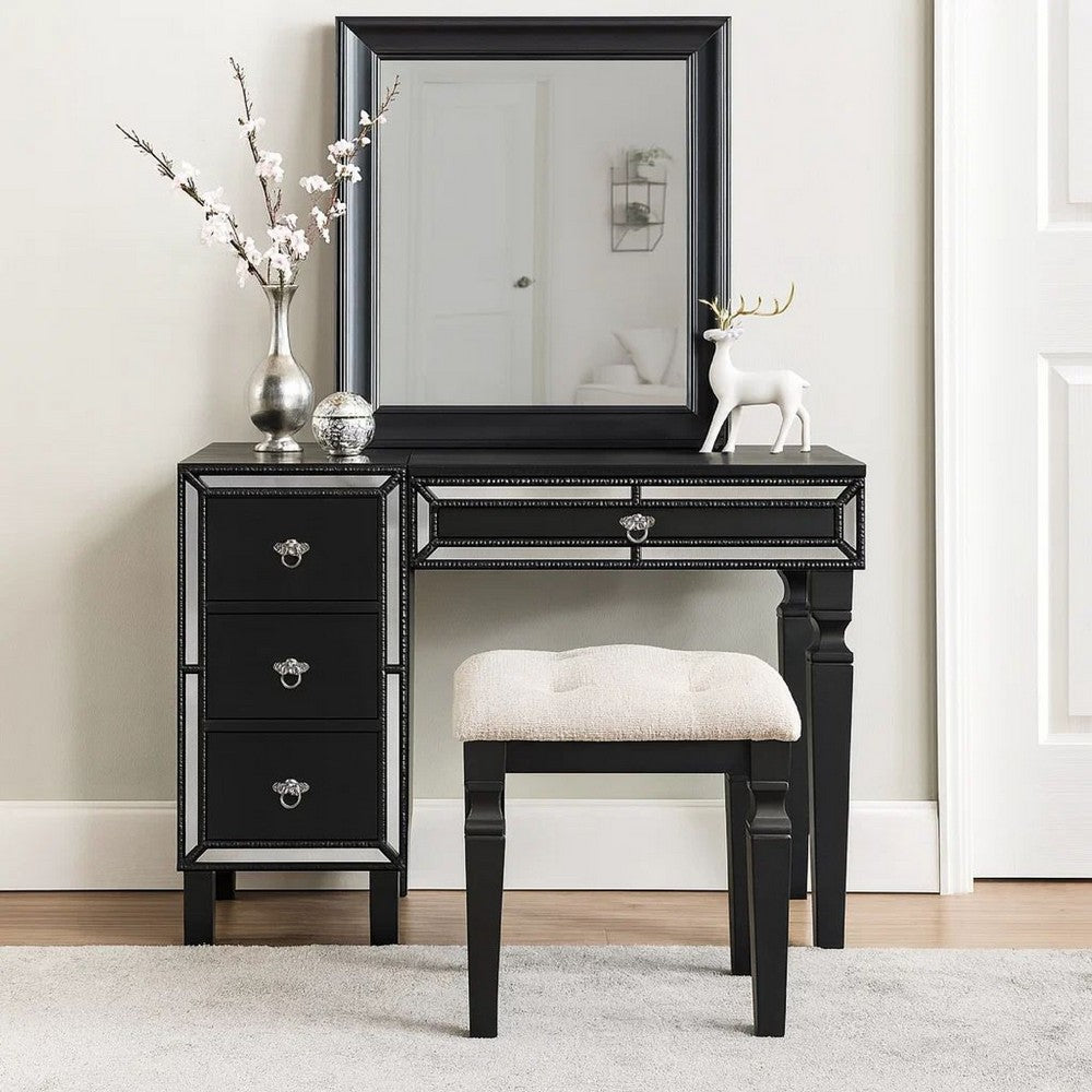 Sosi 47 Inch Vanity Desk Set, Padded Stool, 3 Mirror Inlaid Drawers, Black - BM299028