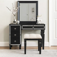 Sosi 47 Inch Vanity Desk Set, Padded Stool, 3 Mirror Inlaid Drawers, Black - BM299028