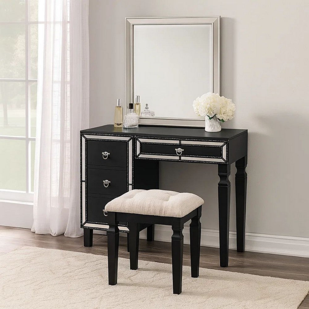 Sosi 47 Inch Vanity Desk Set, Padded Stool, 3 Mirror Inlaid Drawers, Black - BM299028