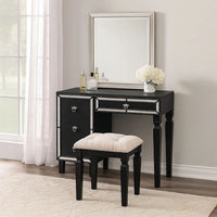 Sosi 47 Inch Vanity Desk Set, Padded Stool, 3 Mirror Inlaid Drawers, Black - BM299028