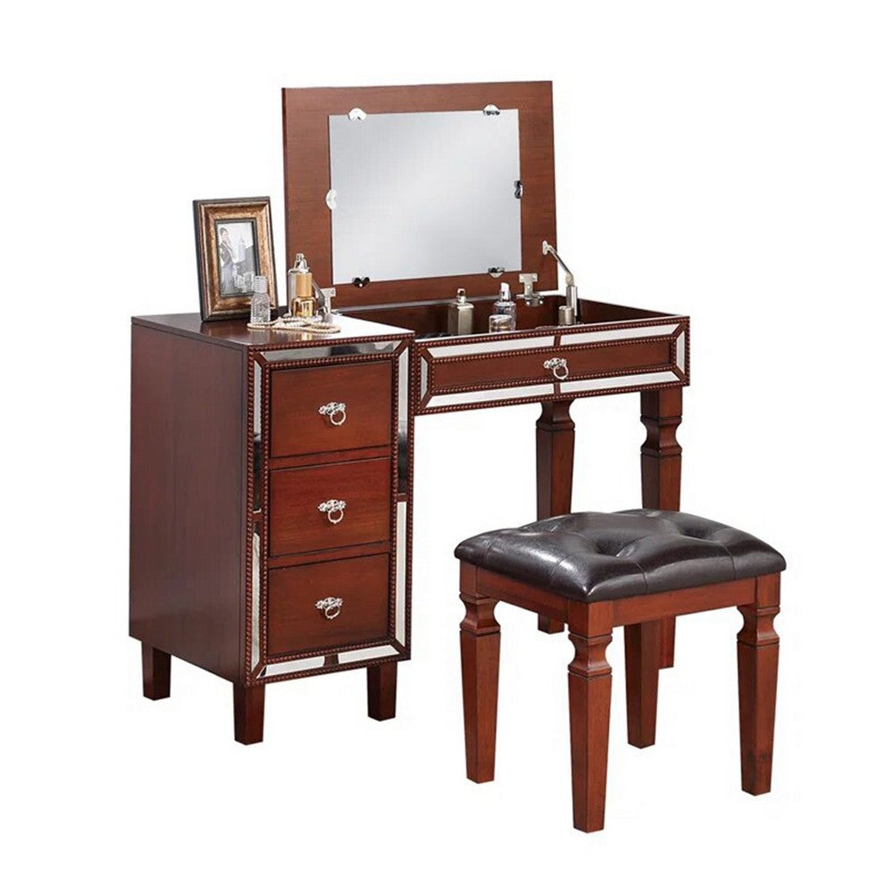 Sosi 47 Inch Vanity Desk Set with Stool, 3 Mirror Inlaid Drawers, Brown - BM299029