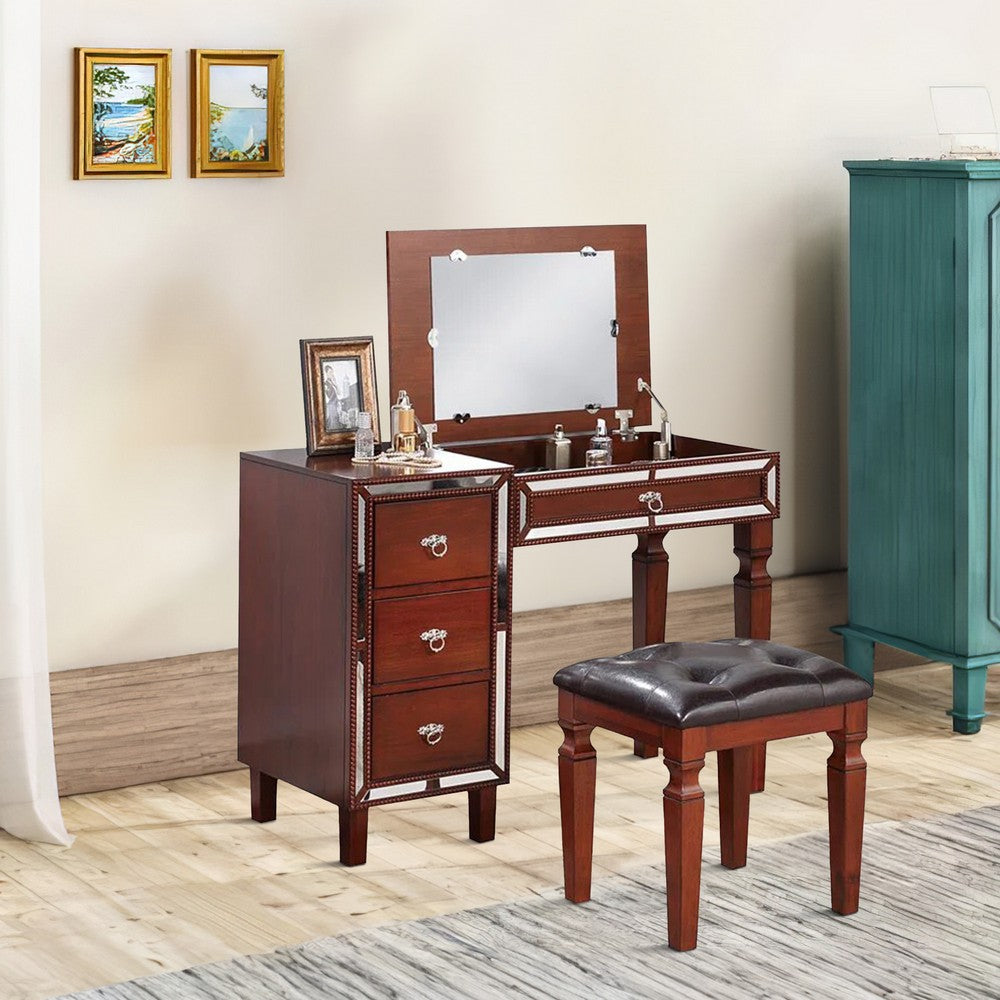 Sosi 47 Inch Vanity Desk Set with Stool, 3 Mirror Inlaid Drawers, Brown - BM299029