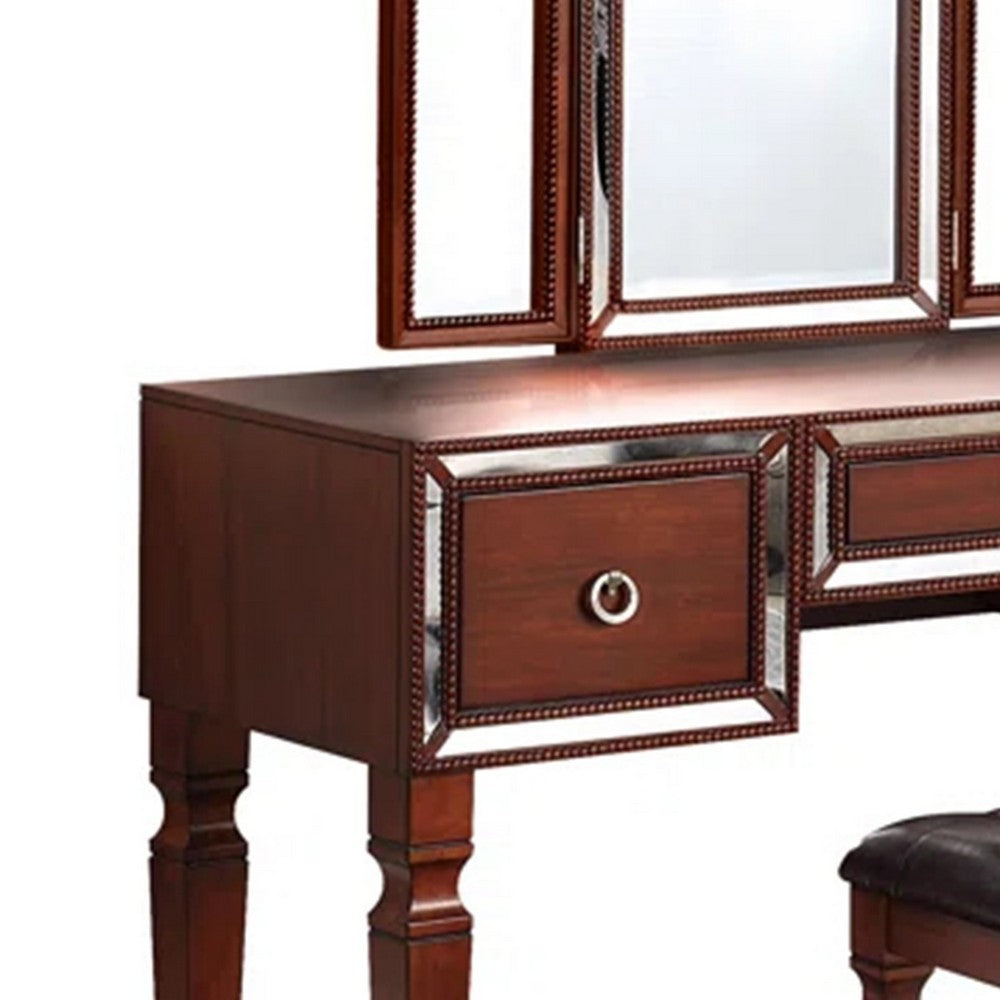 Thuy 60 Inch Vanity Desk Set, Upholstered Stool, Trifold Mirror, Brown - BM299056