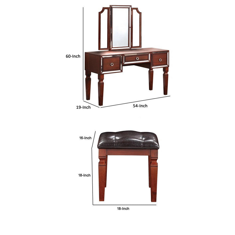 Thuy 60 Inch Vanity Desk Set, Upholstered Stool, Trifold Mirror, Brown - BM299056