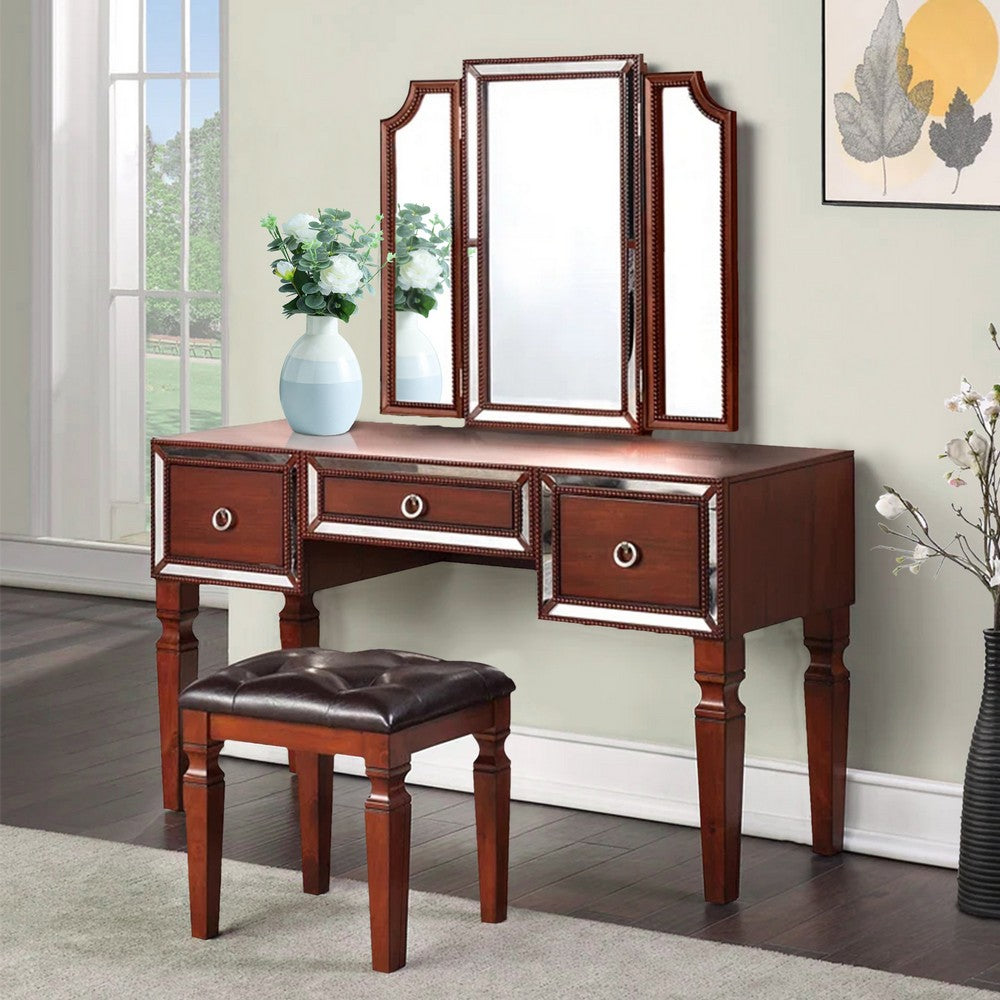 Thuy 60 Inch Vanity Desk Set, Upholstered Stool, Trifold Mirror, Brown - BM299056
