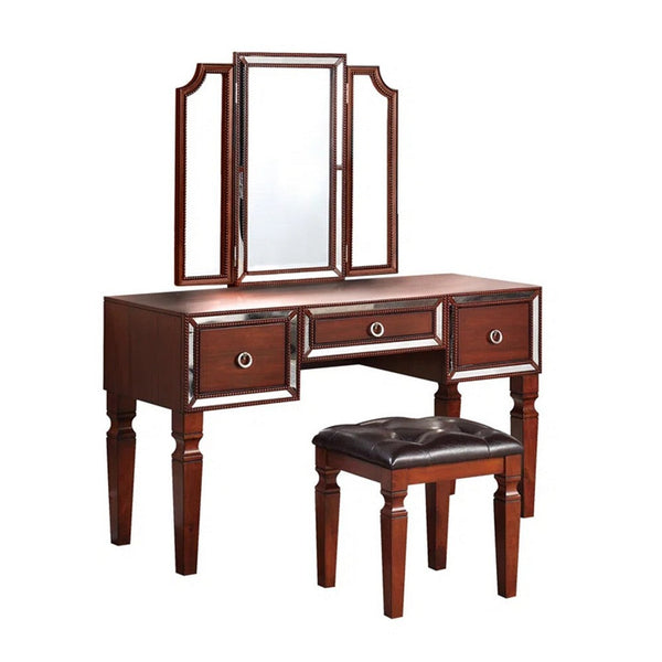 Thuy 60 Inch Vanity Desk Set, Upholstered Stool, Trifold Mirror, Brown - BM299056