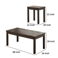 3 Piece Coffee Table and End Table Set, Wood Tabletops, Dark Brown Finish - BM299079
