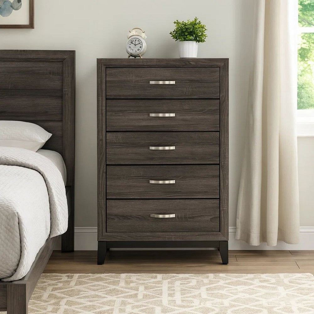 50 Inch Classic 5 Drawer Tall Dresser Chest with Metal Handles, Oak Gray - BM299085