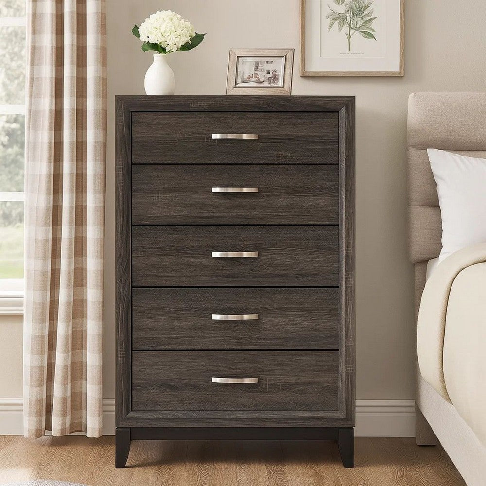 50 Inch Classic 5 Drawer Tall Dresser Chest with Metal Handles, Oak Gray - BM299085