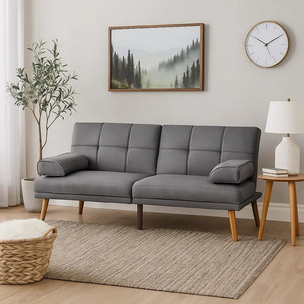 Gina 71 Inch Adjustable Futon Sofa Bed, Square Tufted, Tapered Legs, Gray - BM299090