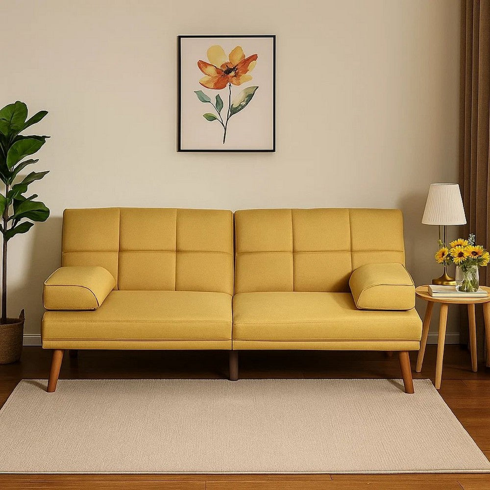Gina 71 Inch Adjustable Futon Sofa Bed, Tufted, Tapered Legs, Mustard  - BM299092