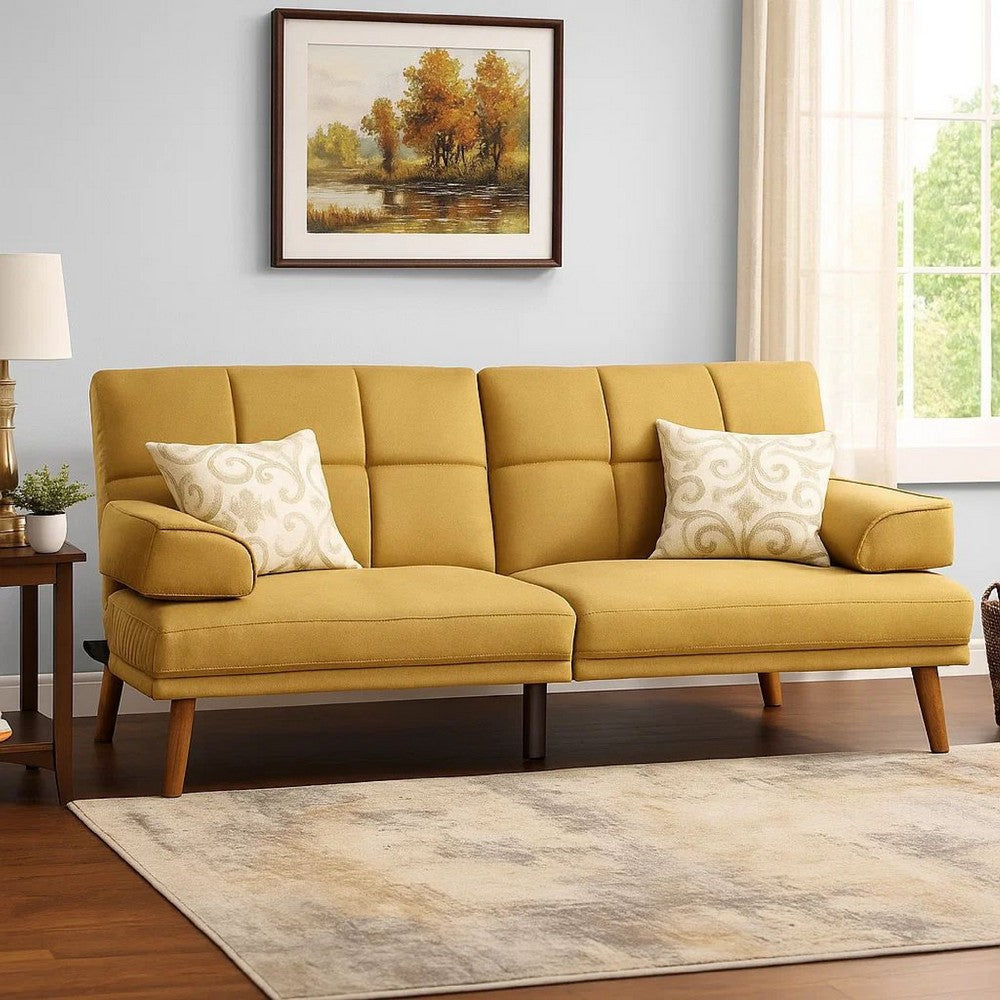 Gina 71 Inch Adjustable Futon Sofa Bed, Tufted, Tapered Legs, Mustard  - BM299092