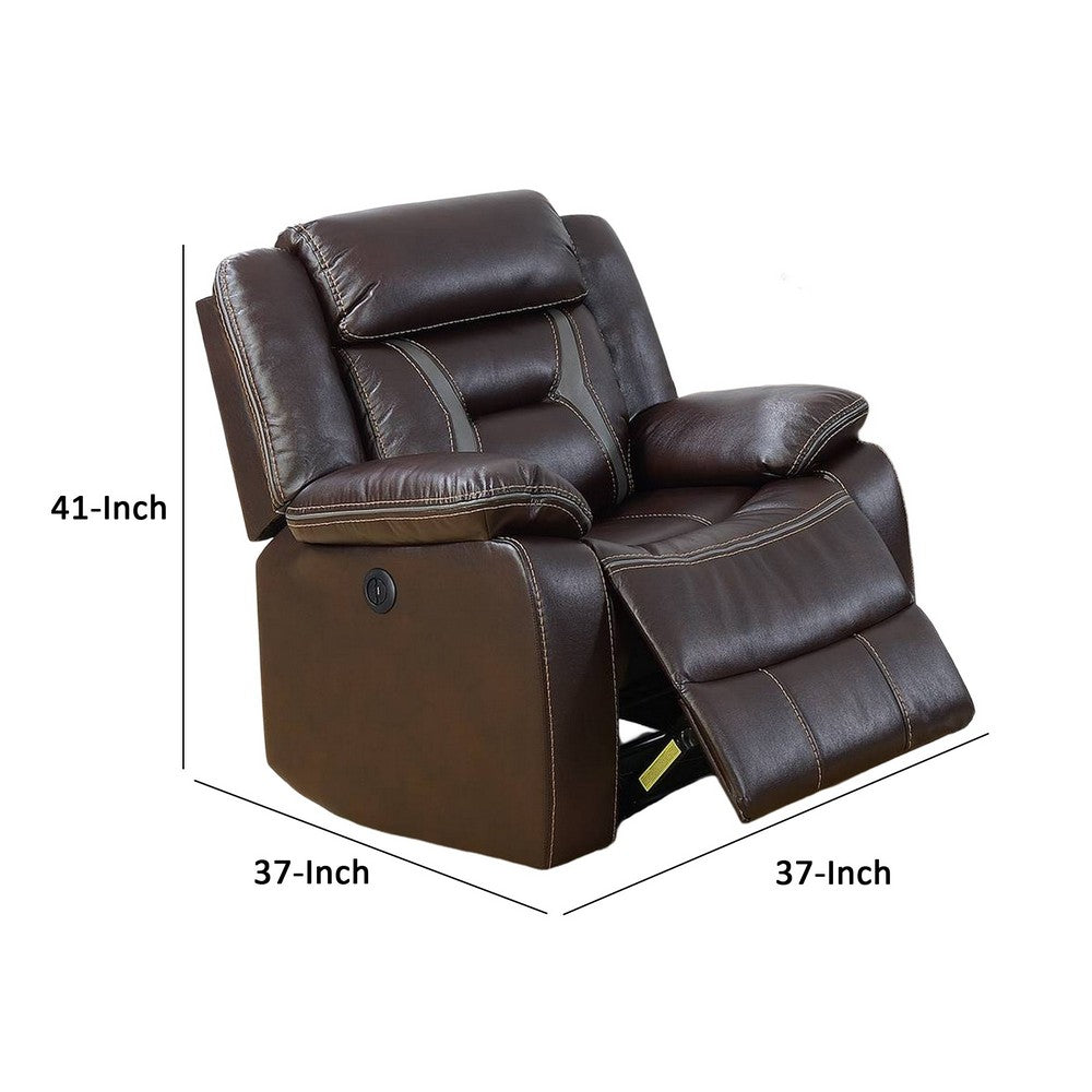 Elva 37 Inch Power Recliner with USB Charging Port, Brown Gel Faux Leather - BM299095
