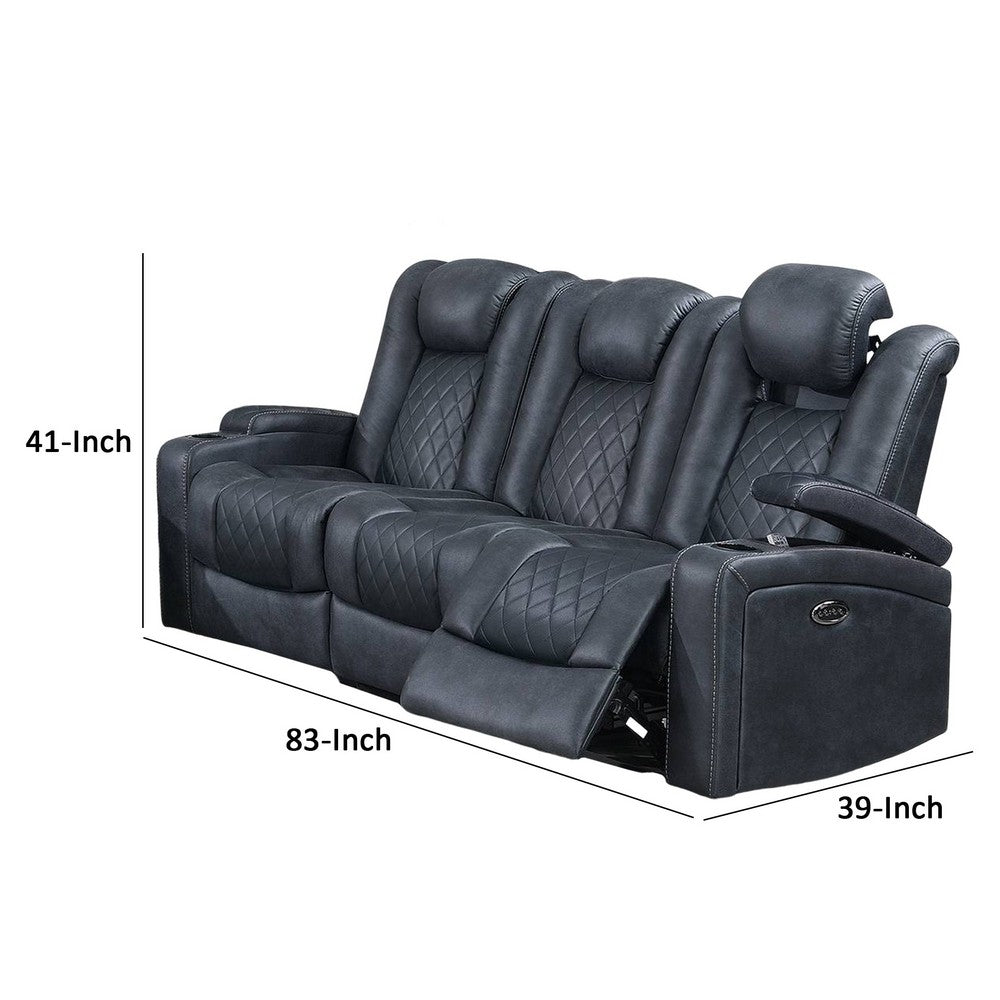 Elva 83 Inch Power Reclining Sofa, Storage Console, Blue Breathable Leather - BM299099