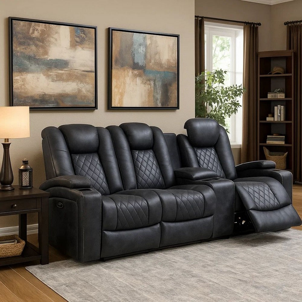 Elva 83 Inch Power Reclining Sofa, Storage Console, Blue Breathable Leather - BM299099