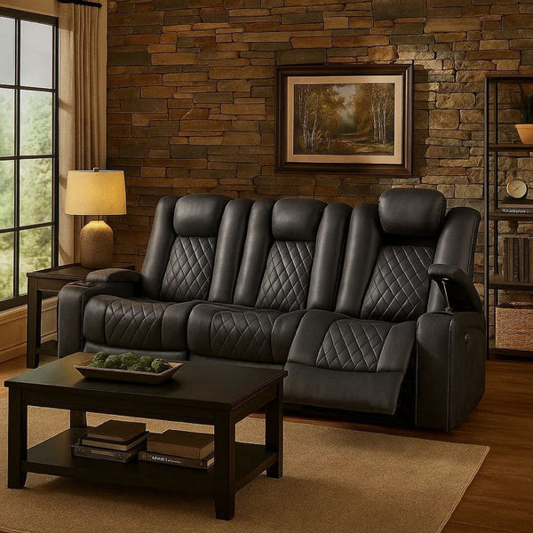 Elva 83 Inch Power Reclining Sofa, Storage Console, Blue Breathable Leather - BM299099