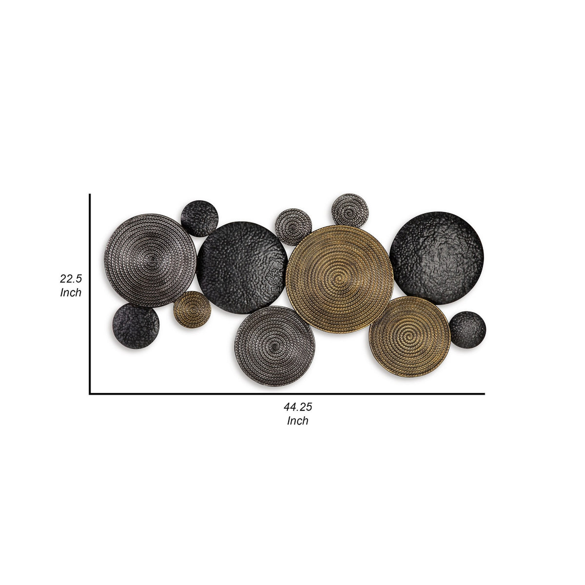 44 Inch Wall Decor, Multiple Circles, Hammered Spiral Texture, Bronze, Black  - BM299143