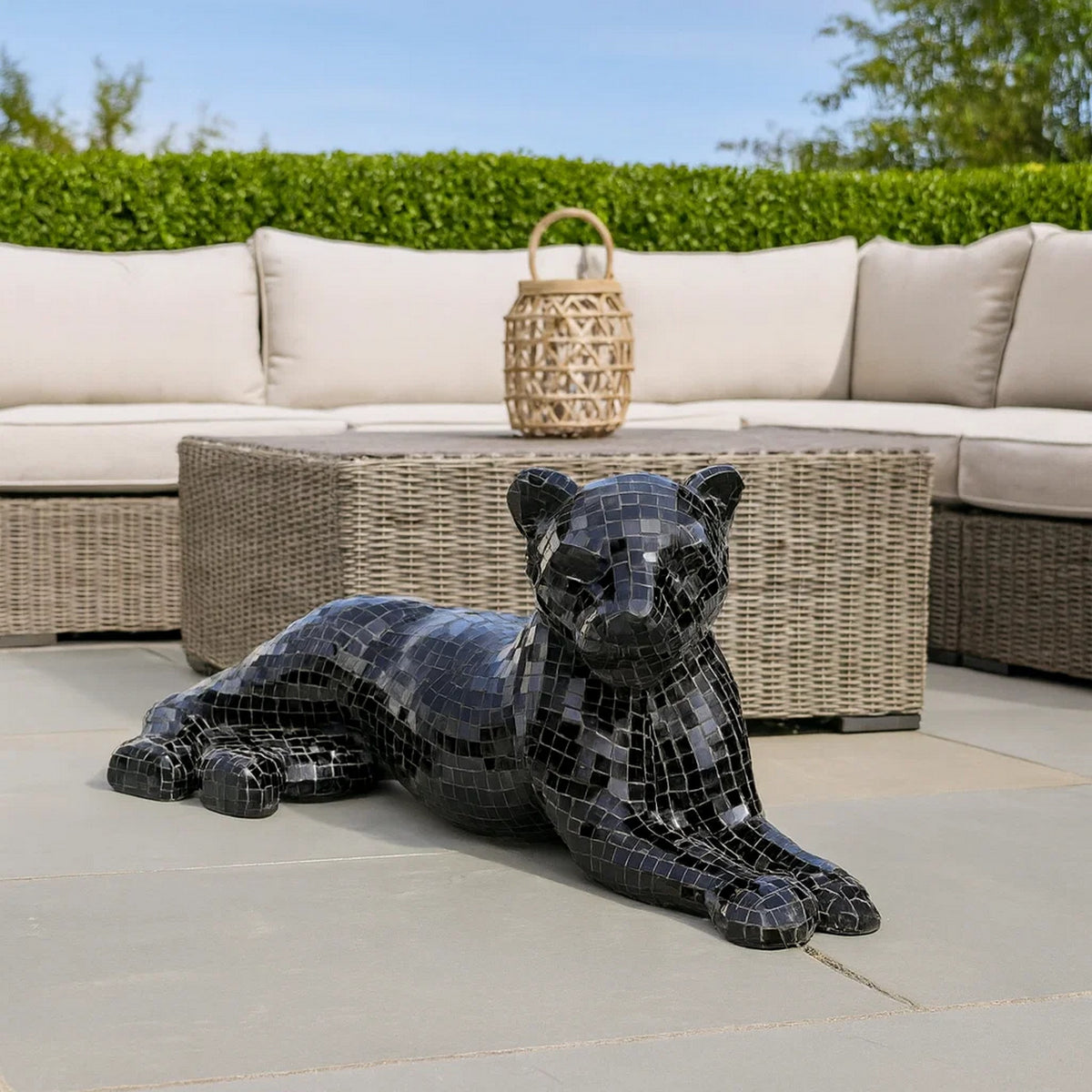 24 Inch Decorative Panther Sculpture, Mosaic Glass, Handcrafted, Black