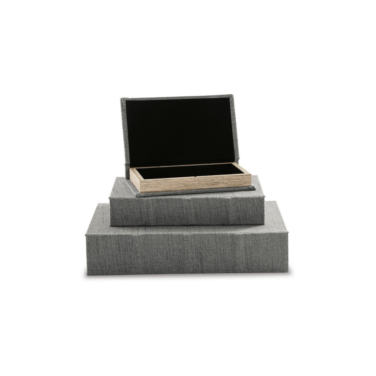 Nesting Decor Book Box, Set of 3, Gray Polyester Cover, Black Velvet Lining  - BM299216