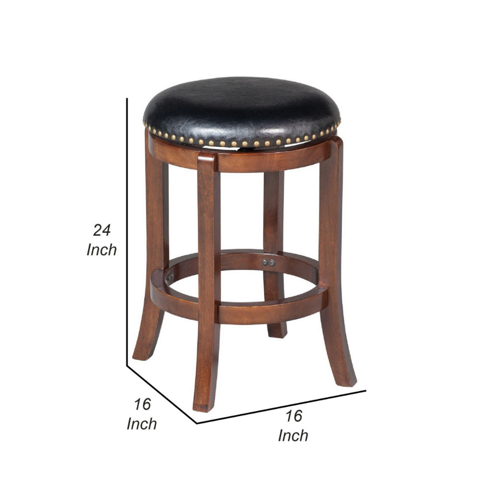 Ovi 24 Inch Wooden Swivel Counter Stool, Faux Leather Seat, Walnut Brown - BM299366