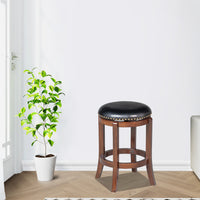 Ovi 24 Inch Wooden Swivel Counter Stool, Faux Leather Seat, Walnut Brown - BM299366
