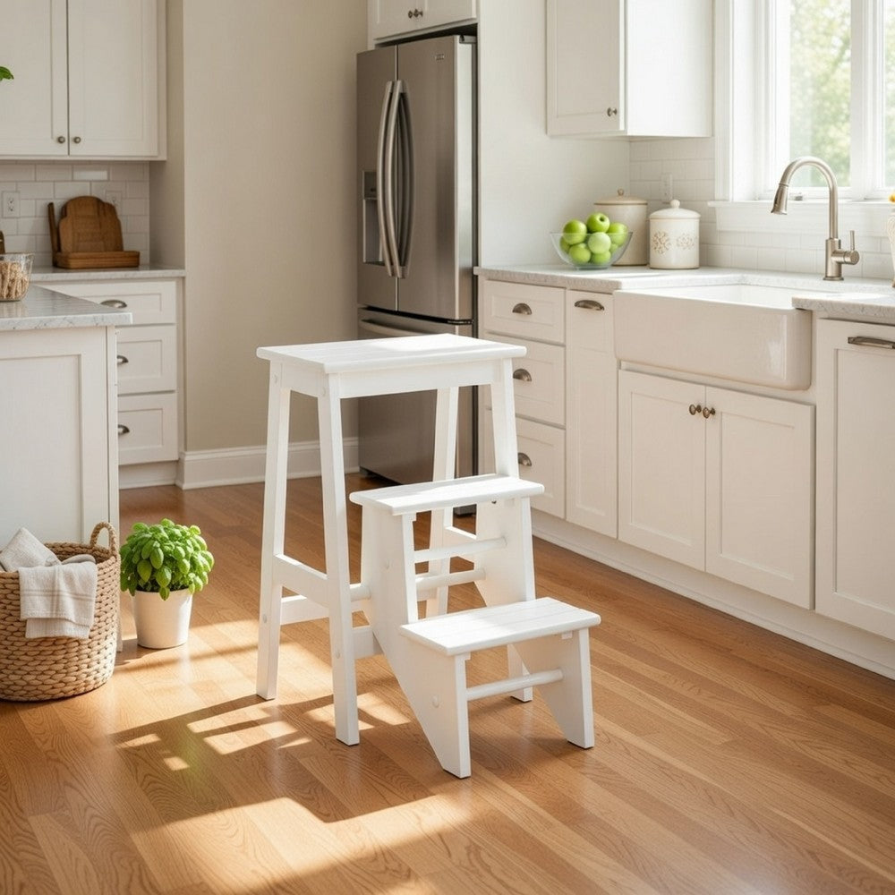 24 Inch 3 Level Step Stool, Plank Tops and Safety Latch, Classic White Wood - BM299370