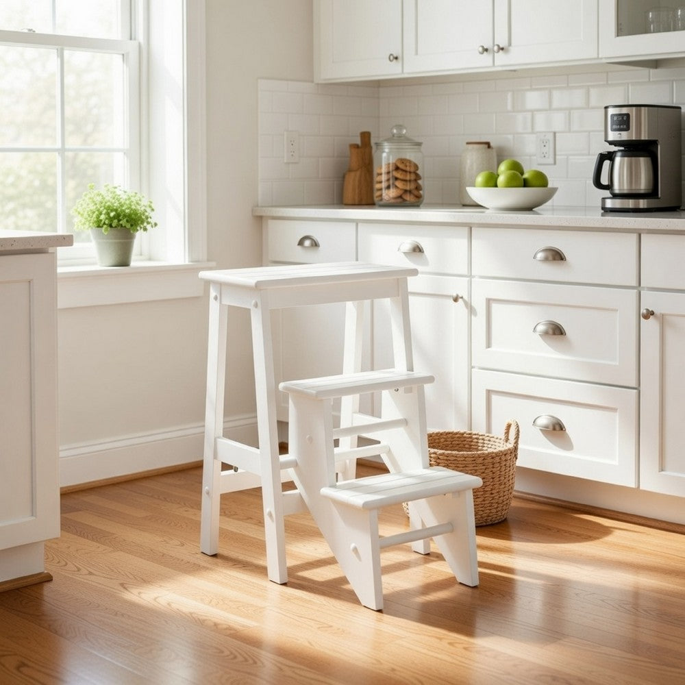 24 Inch 3 Level Step Stool, Plank Tops and Safety Latch, Classic White Wood - BM299370