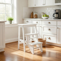 24 Inch 3 Level Step Stool, Plank Tops and Safety Latch, Classic White Wood - BM299370