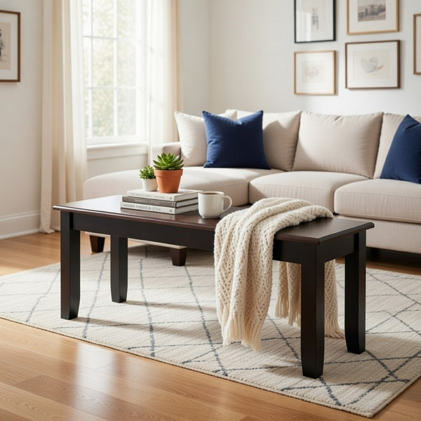 Zoy 48 Inch Wood Dining Bench, Cherry Brown Top, Classic Black Tapered Legs - BM299371