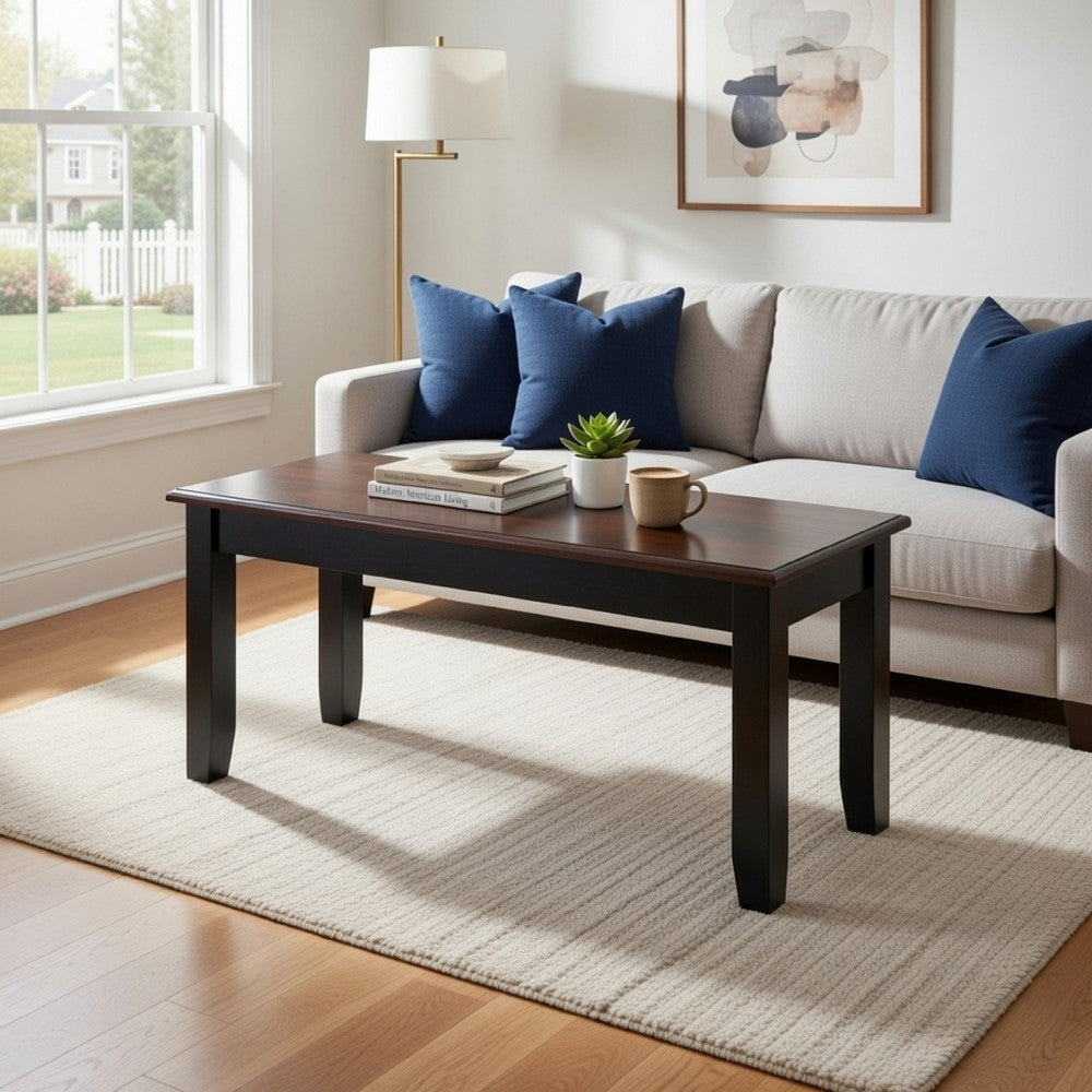 Zoy 48 Inch Wood Dining Bench, Cherry Brown Top, Classic Black Tapered Legs - BM299371