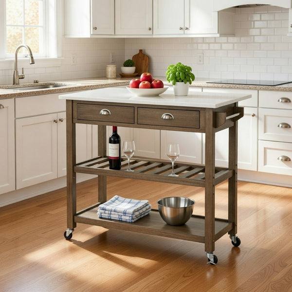 Amber 44 Inch Rolling Kitchen Island Bar Cart, Stainless Steel Top, Brown - BM299374