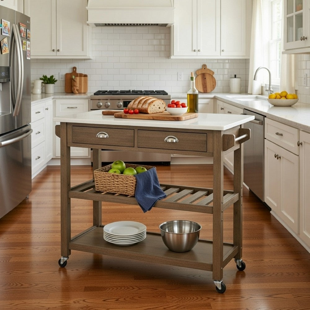 Amber 44 Inch Rolling Kitchen Island Bar Cart, Stainless Steel Top, Brown - BM299374