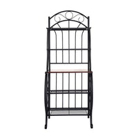 65 Inch 5 Tier Bakers Rack, Middle Wood Shelf, Carved Black Metal Frame - BM299383