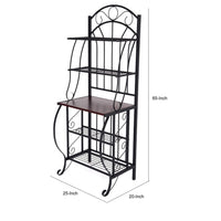 65 Inch 5 Tier Bakers Rack, Middle Wood Shelf, Carved Black Metal Frame - BM299383