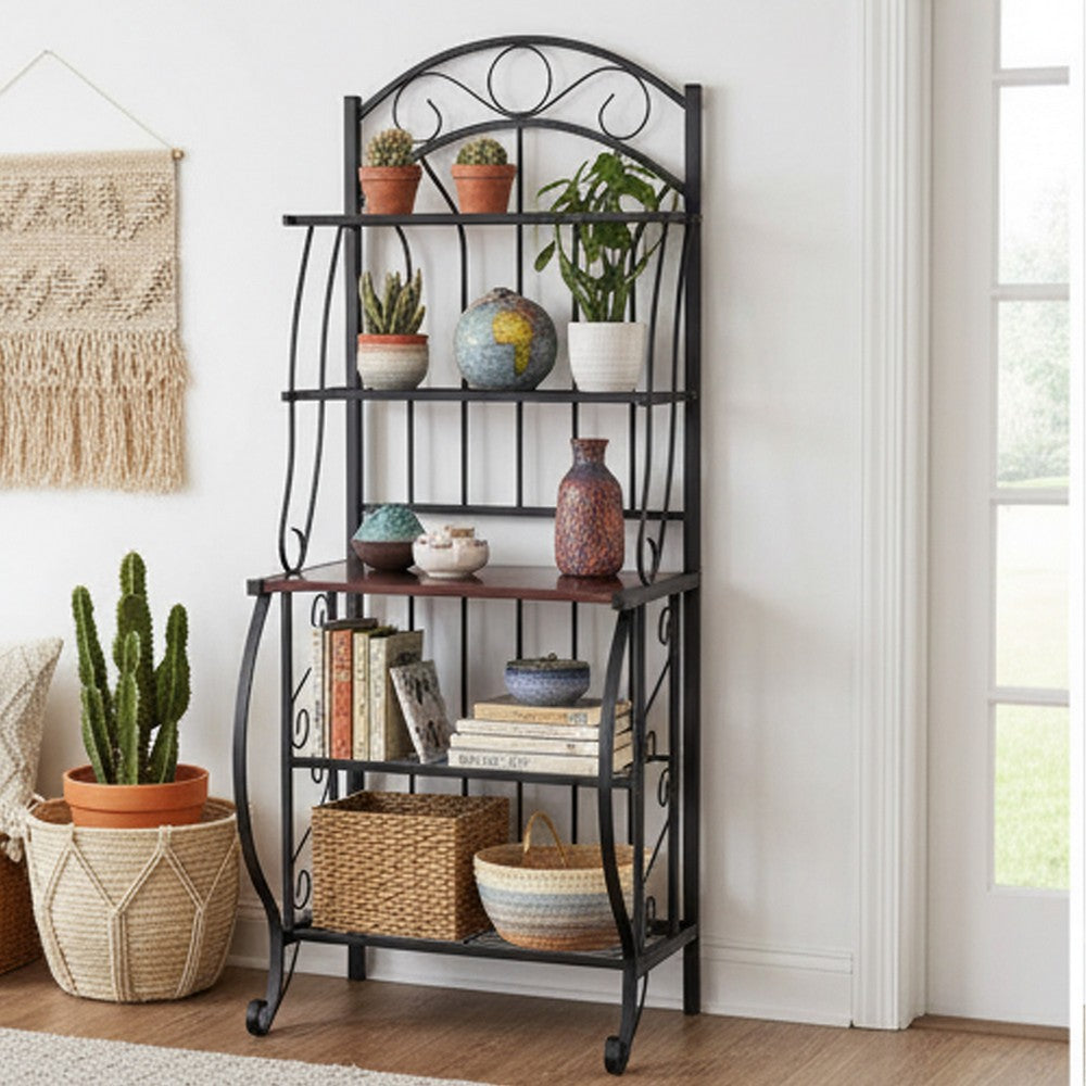 65 Inch 5 Tier Bakers Rack, Middle Wood Shelf, Carved Black Metal Frame - BM299383