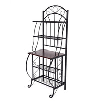 65 Inch 5 Tier Bakers Rack, Middle Wood Shelf, Carved Black Metal Frame - BM299383