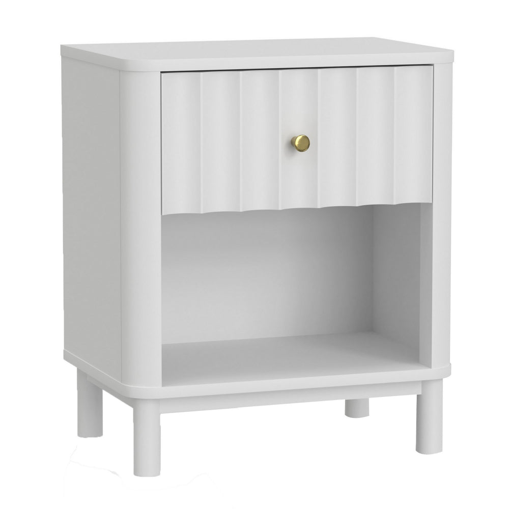 Aya 26 Inch Nightstand, Felt Lined Single Drawer, Scalloped Front, White - BM299464