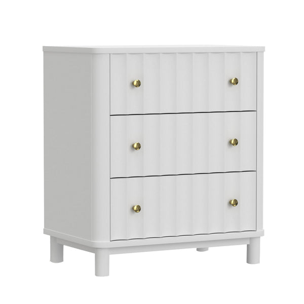 Aya 34 Inch Small 3 Drawer Dresser Chest, Scalloped Motif Front, White Wood - BM299466
