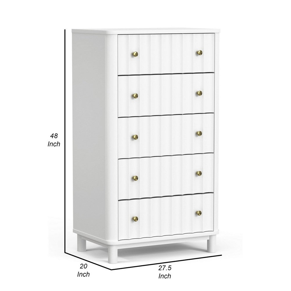 Aya 48 Inch Tall 5 Drawer Dresser Chest, Scalloped Motif Front, White Wood - BM299467