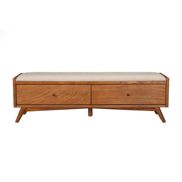 Ian 59 Inch 2 Drawer Storage Bench, Padded Seat, Beige Fabric, Acorn Brown - BM299480